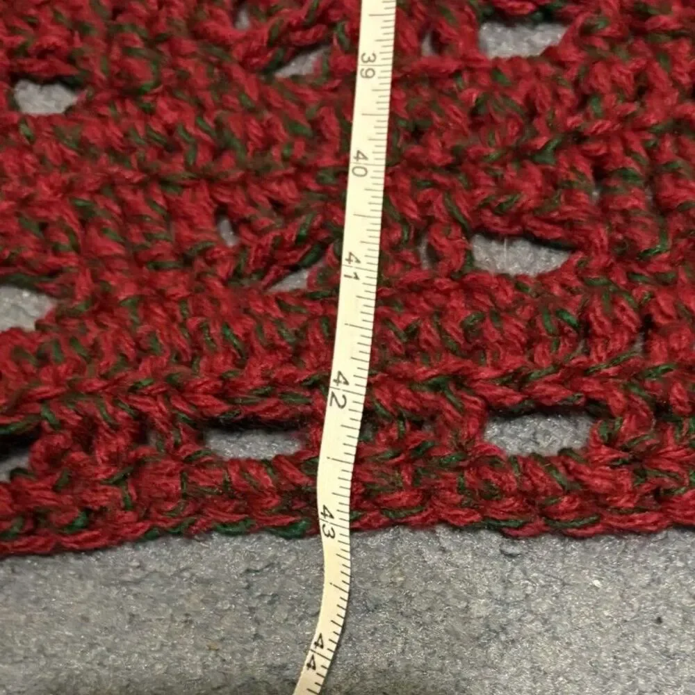 Vtg Christmas Afghan Red hint of Green Handmade open lacy stitch 59 x 43 inches